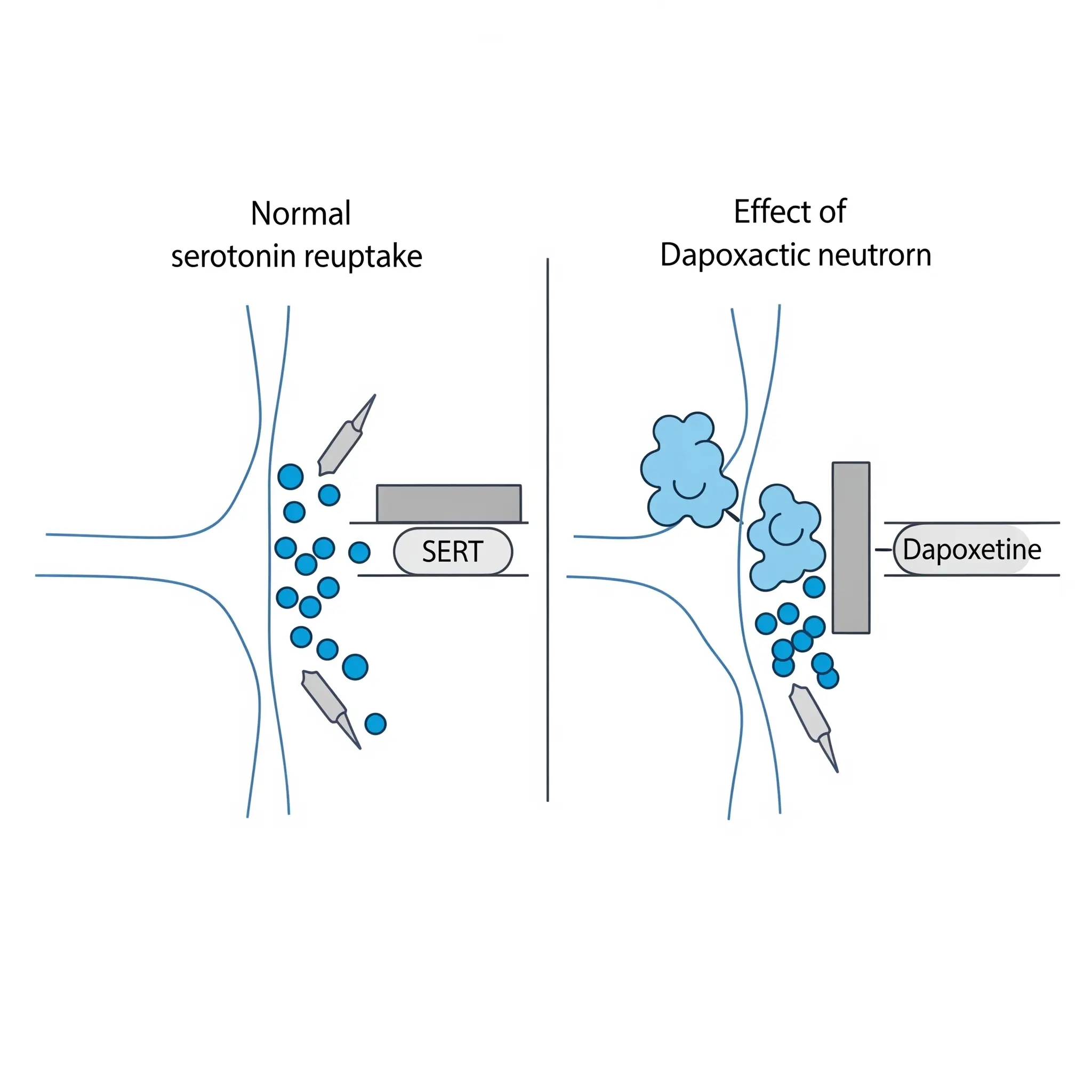 Infographic showing serotonin reuptake inhibition at a neural synapse.