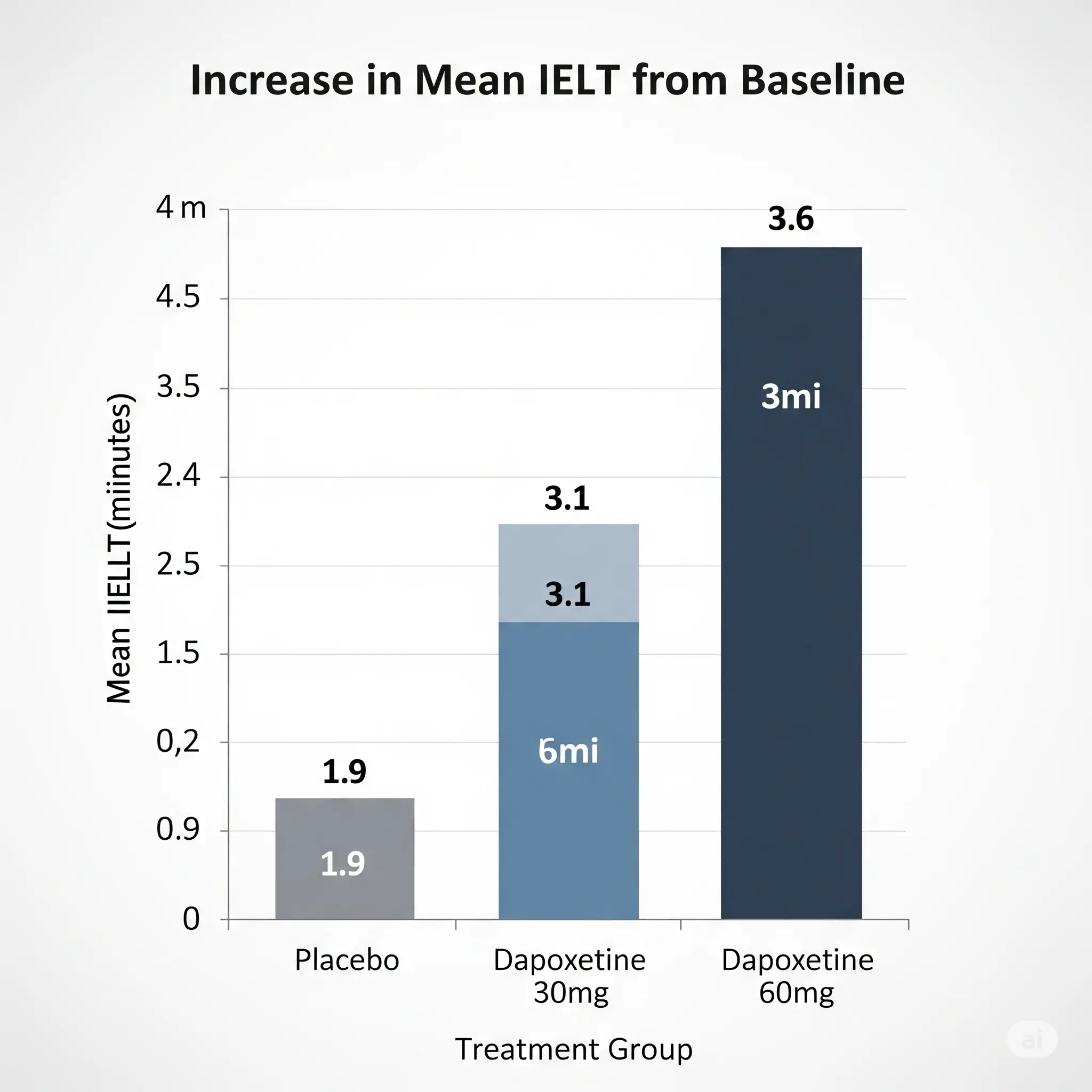 Bar chart showing the increase in IELT with Dapoxetine vs Placebo.