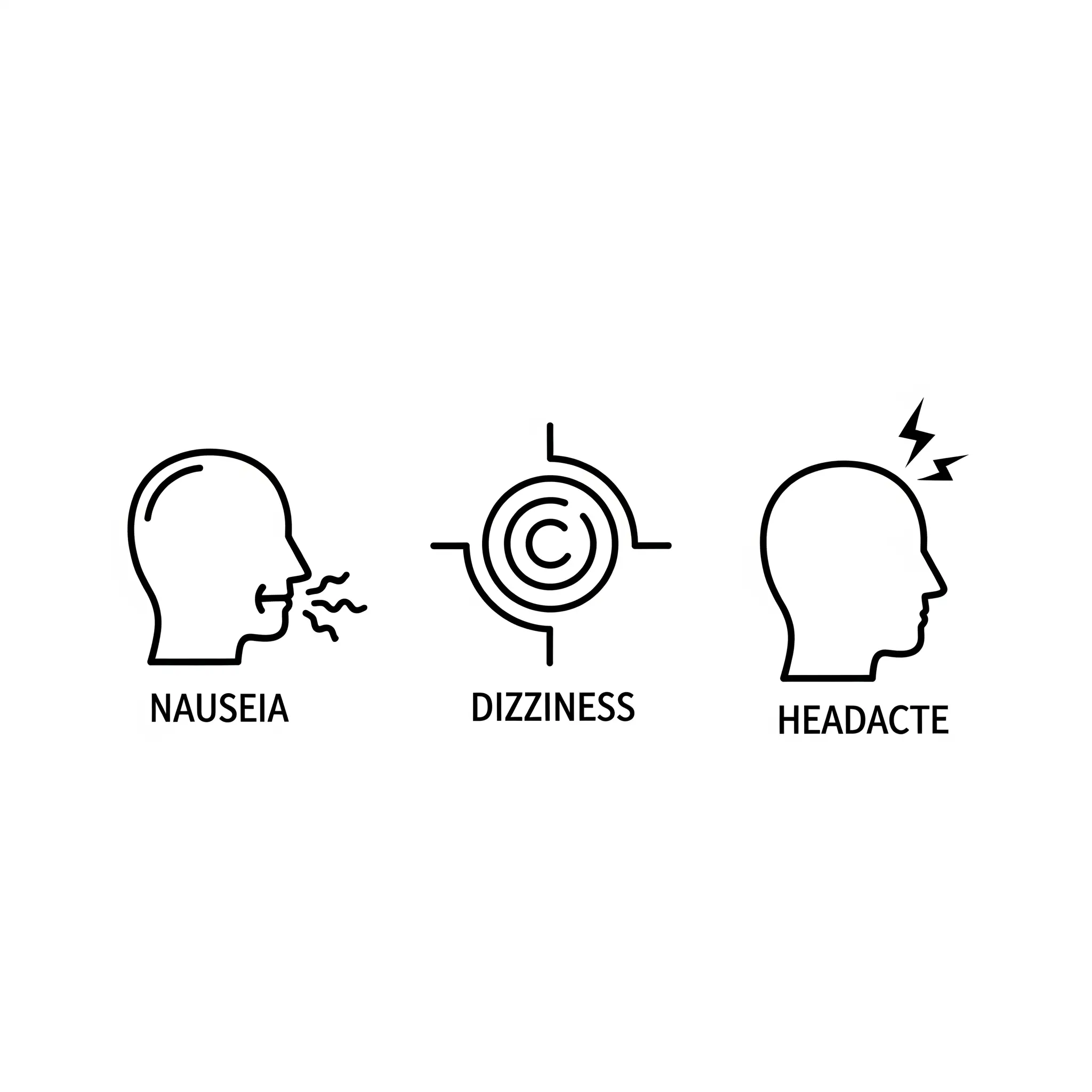 Icons representing common side effects of Dapoxetine: nausea, dizziness, and headache.