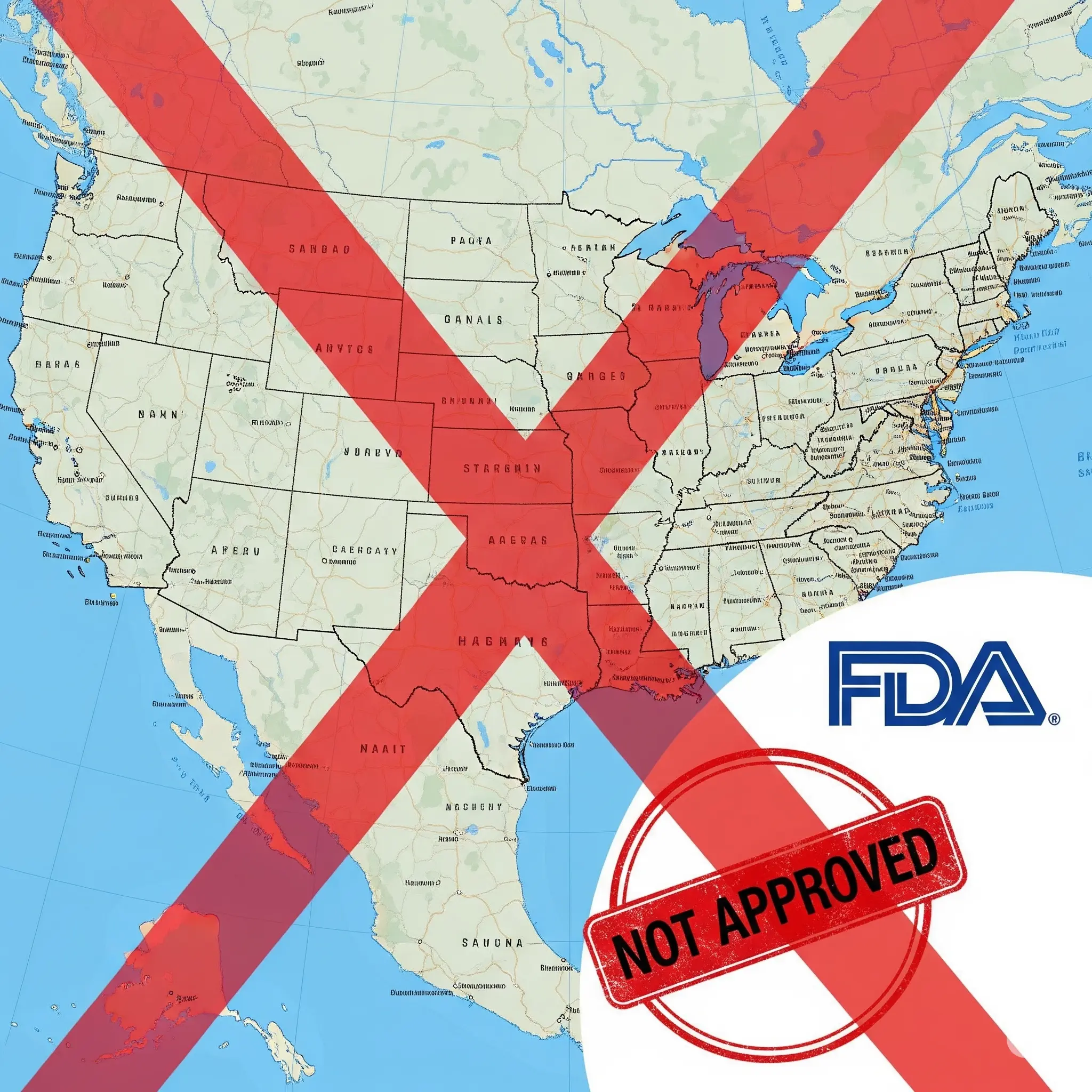 Map of the USA indicating that Dapoxetine is not FDA approved.